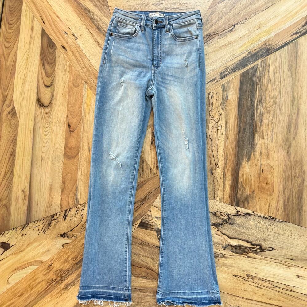 Harper Heritage High Rise Flare Jeans Distressed Raw Hem Light Wash 25